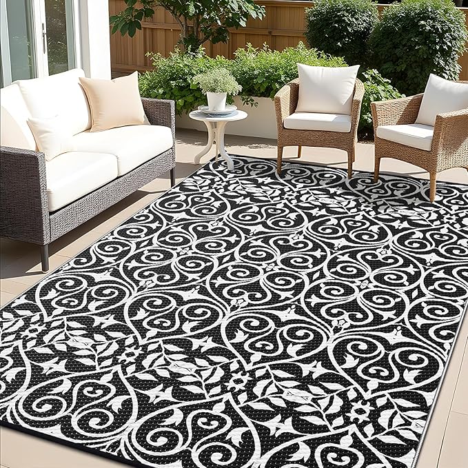 OLANLY Outdoor Rug Waterproof 9x12 ft Clearance, Reversible Outdoor Plastic Straw Rug with Floral Pattern, RV Mat for Patio, Camping, Balcony, Deck, Backyard, Black & White