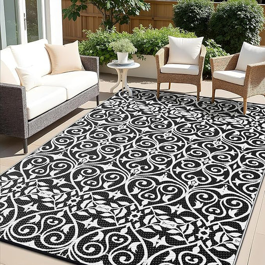 OLANLY Outdoor Rug Waterproof 9x12 ft Clearance, Reversible Outdoor Plastic Straw Rug with Floral Pattern, RV Mat for Patio, Camping, Balcony, Deck, Backyard, Black & White