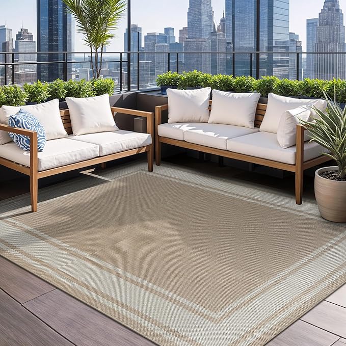 Beverly Rug Large Outdoor Rug 10x14 Modern Bordered Area Rugs for Indoor and Outdoor Patio Deck Porch Garden Waterproof Weather Sun Resistant Washable Outside Carpet (10 x 14 Beige)