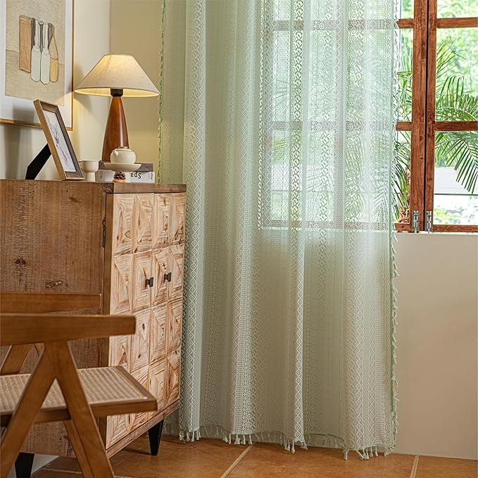 Sutuo Home Boho Curtains for Bedroom Dining Room, Bohemian Crochet Lace Hollow Knitted Handmade Tassels Vintage Rustic Window Treatment Farmhouse Drapes, 1 Panel Rod Pocket 59" W x 96" L, Mint Green