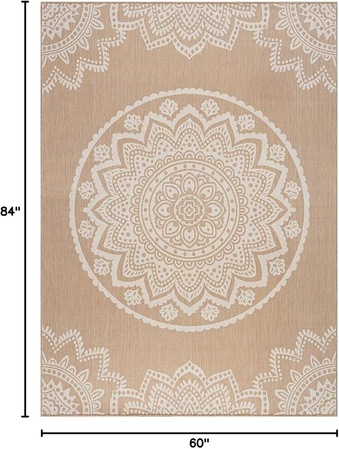 CAMILSON Outdoor Rug 5x7 Modern Area Rugs for Indoor and Outdoor Patios and Porches - Waterproof, Washable, Non-Shedding, Easy-to-Clean Outside Carpet (5 x 7, Medallion - Beige/White)