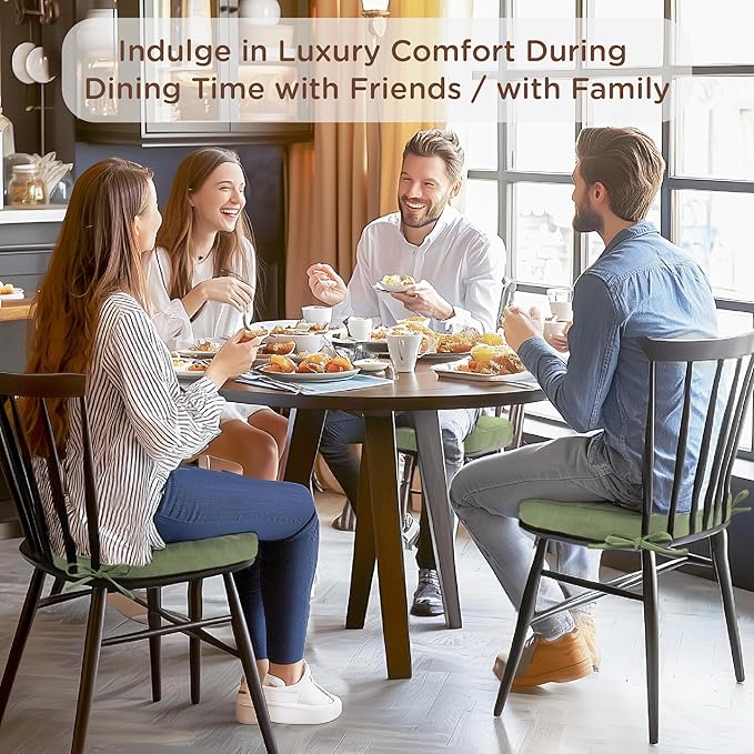 Codi Dining Chair Cushions 4 Pack, Thick Chairs Pads for Indoor Kitchen Room - Washable, Non-Slip Memory Foam Seat Cushion with Ties, 16.5"x16.5"x 3.5", Set of 4, Sage