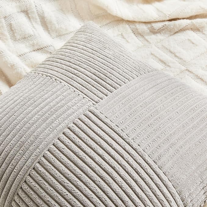Fancy Homi 2 Packs Neutral Grey Decorative Throw Pillow Covers 20x20 Inch for Living Room Couch Bed Sofa, Farmhouse Boho Home Decor, Soft Corss Corduroy Patchwork Accent Square Cushion Case 50x50 cm