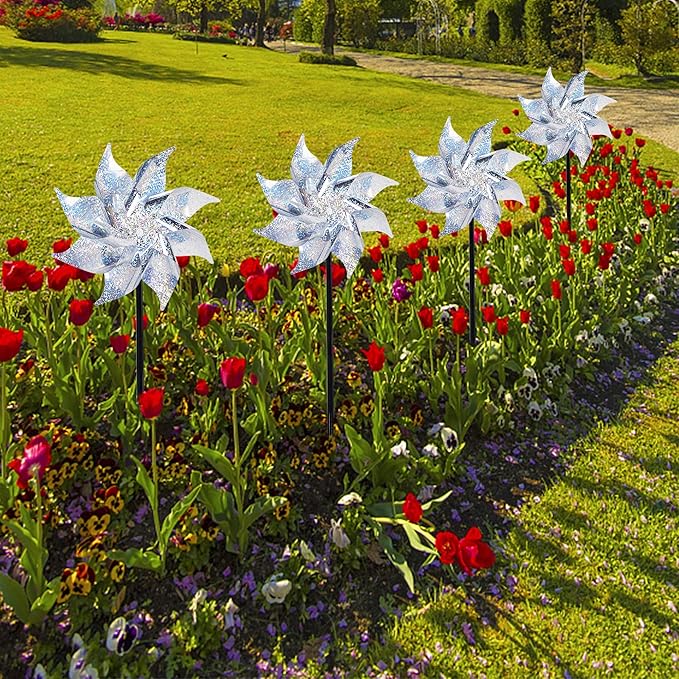 Hausse 10 Pack Reflective Pinwheels with Stakes (Assembly Required), Extra Sparkly Pin Wheel for Garden Decor, Bird Repellent Devices Deterrent to Scare Birds Away from Yard Patio Farm