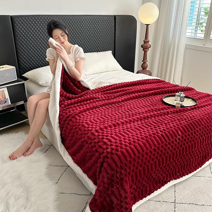 UKELER Sherpa Bed Blanket 80 × 90 inch, Ultra Soft Queen Size Throw Blanket for All Season, 470 GSM Cozy Plush Striped Fleece Blankets for Bedroom Living Room Dorm Hostel Sofa Camping, Red