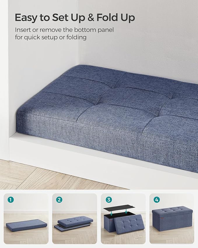 SONGMICS Mazie Collection - 30 Inches Folding Storage Ottoman Bench, Ottoman Foot Rest, End of Bed Bench, Storage Chest, Load 660 lb, for Living Room, Bedroom, Entryway, Misty Blue ULSF047Q01