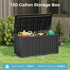 KAMABOKO Outdoor Storage Box, 150 Gallon Large Outdoor Resin Deck Box, Storage Waterproof Boxes Lockable Lid for Garden Tools, Pool Supplies, Patio Furniture and Cushions, Black