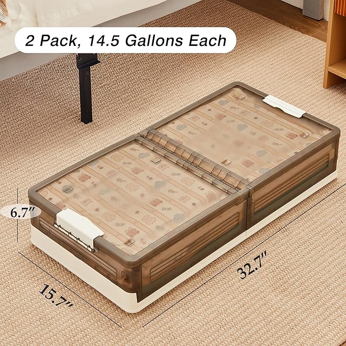 VECELO Under Bed Storage with Wheels, 2 Pack Stackable Under Bed Storage Containers, Underbed Storage Containers with Lids, Plastic Foldable Folding Box for Clothes Shoes, Grey