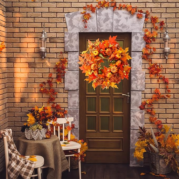 24 Inch Fall Wreaths for Front Door, Fall Decorations for Home,Fall Wreath,Autumn Wreath with Pumpkins Berries Maple Leaves for Thanksgiving Halloween Decorations Indoor Outdoor Outside Fall Decor