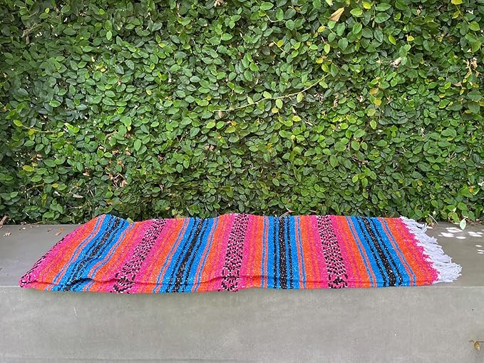 Del Mex Classic Mexican Blanket, Large Authentic Woven Falsa Throw (70"x50"), Artisan Southwest Décor for Beach, Yoga, Outdoors (Turquoise/Pink/Orange)