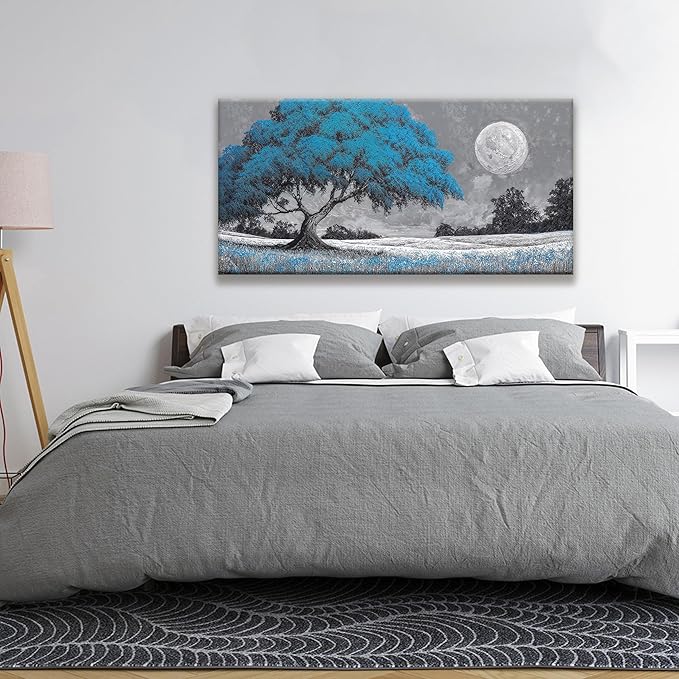 TAIJXAGSG Wall Art For Living Room Blue Tree Moon Canvas Art Wall Print Decor Artwork Print Painting 24" X 48" Modern Wall Art Picture For Bedroom Modern Salon Kitchen Office Home Wall Decor