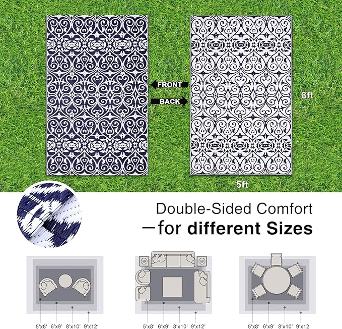 OLANLY Outdoor Rug Waterproof 5x8 ft Clearance, Reversible Outdoor Plastic Straw Rug with Floral Pattern, RV Mat for Patio, Camping, Balcony, Deck, Backyard, Navy & White