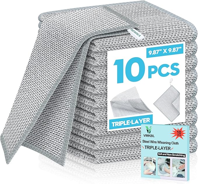 10 Pcs New Upgraded 3 Layers Non Scratch Wire Dishcloth, Multipurpose Wire Dishwashing Rags, Wet & Dry for Cookware, Sinks, Dishes, Stoves & Fireplaces 9.87“ x 9.87”