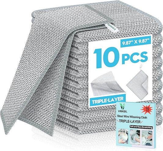 10 Pcs New Upgraded 3 Layers Non Scratch Wire Dishcloth, Multipurpose Wire Dishwashing Rags, Wet & Dry for Cookware, Sinks, Dishes, Stoves & Fireplaces 9.87“ x 9.87”