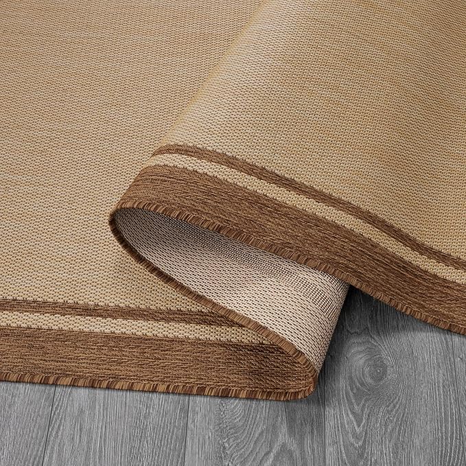 CAMILSON Outdoor Rug 9x12 Bordered Natural Brown Modern Area Rugs for Indoor and Outdoor Patios, Kitchen and Hallway Mats, Washable Porch Deck Outside Carpet (Border Jute, 9 x 12)