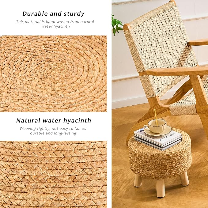 Handwoven Round Ottoman, Natural Water Hyacinth Outdoor Patio Pouf Seagrass Low Stool with Wood Legs, Soft Padded Footrest for Living Room Bedroom Garden, Natural