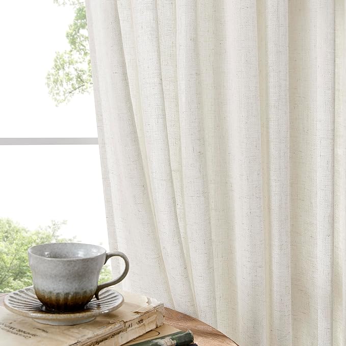 Joydeco Light Filtering Curtains 90 Inch Length for Bedroom, Linen Curtains 90 Inch Length 1 Panel Set for Living Room，White Semi Sheer Drapes 90 Inches Long with Rod Pockets