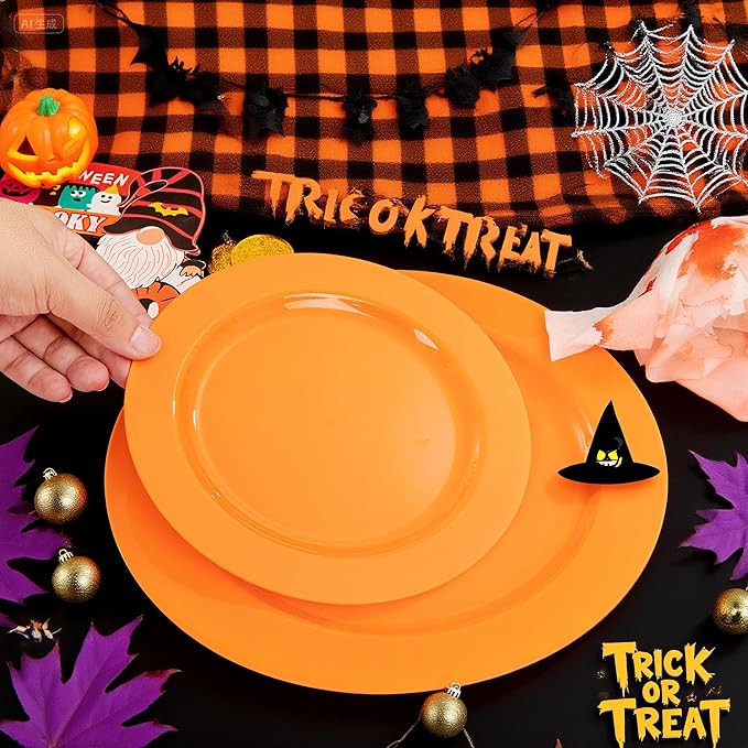 FLOWERCAT 60PCS Orange Plates - Heavy Duty Orange Plastic Plates Disposable for Halloween & Thanksgiving Party - Serve 30 Guests 10.25inch and 7.5inch