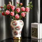Ginger Jars for Home Decor, White Gold Ceramic Vase with Colorful Floral Pattern, Handmade Decorative Flower Vase with Lid for Home, Kitchen, Office, Table, Bookshelf, Mantle Fireplace,(18in)