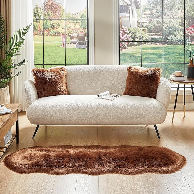 AMTOVO Faux Sheepskin Rug, Coffee Ultra Soft Fluffy Shag Area Rug, 2 x 6 ft Faux Fur Rug for Bedroom Sofa Throw Cushion Room Decor, Sheepskin