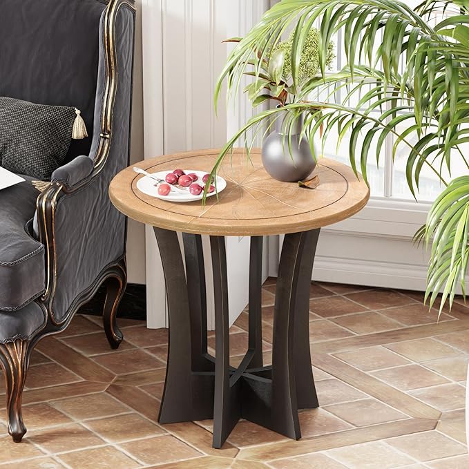 Farmhouse Round End Table with Criss-Cross Wood Legs