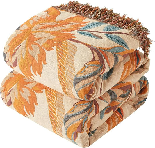 Boho Throw Blanket for Couch Sofa Bed, 100% Cotton Woven Quilt with Tassel 80”x90”, Super Soft Muslin Blanket with Floral Printed, Decorative Reversible Bed Blanket/Cover for All Seasons