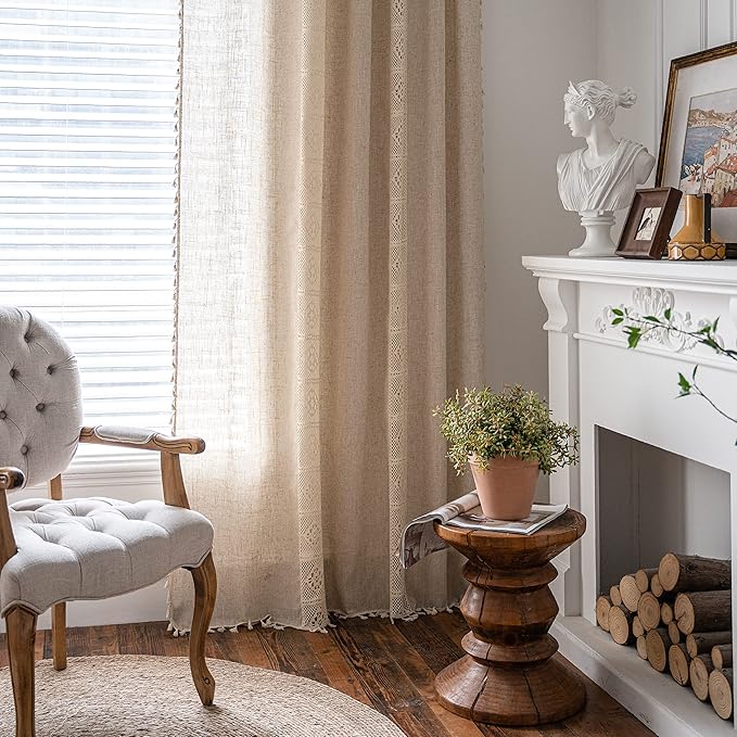 Sutuo Home Boho Curtains for Bedroom Nursery, Bohemian Semi-Blackout Geometric Crochet Hollow Lace Patchwork with Textured Linen Fabric Farmhouse Tassels Rod Pocket Window Drapes, 59"W x 72"L, 1 Panel