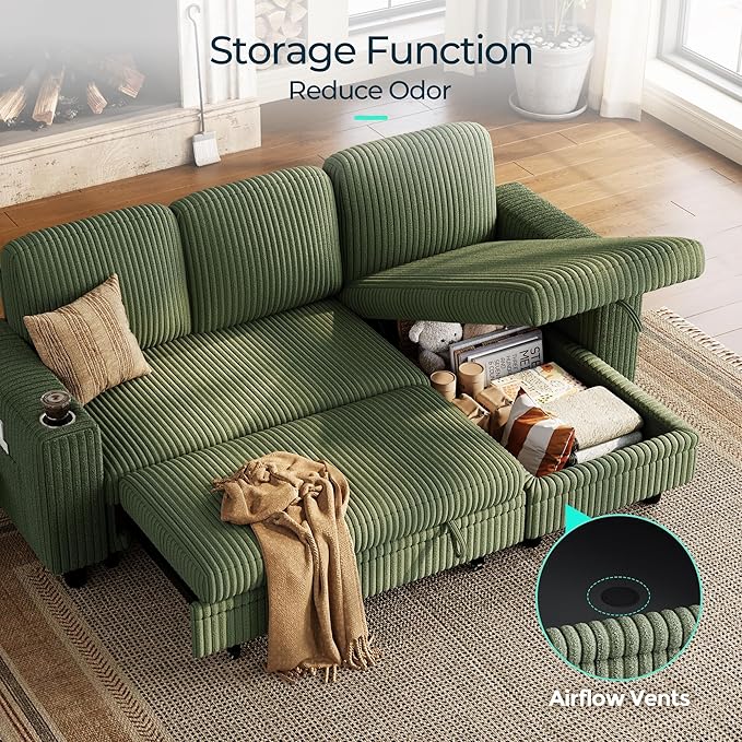 LINSY HOME Sectional Sleeper Sofa with Pull Out Couch Bed Convertible Plush Corduroy Cloud Couch with Storage Chaise & USB Charging, Comfy L Shaped Modular Couches for Living Room Apartment (Green)