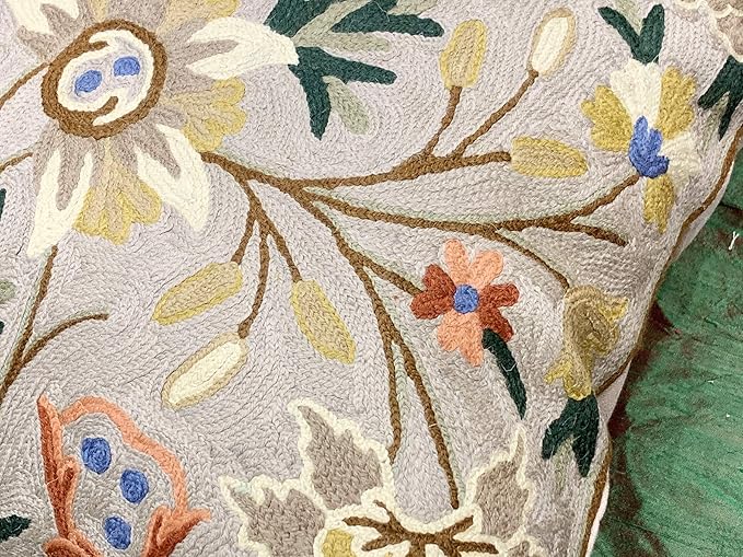 Beige Floral Pillow Cover Taupe Flower Traditional Hand Embroidered Pillowcase Traditional Outdoor Cushion Suzani Couch Flowery Needlepoint Chair Cushion Wool Size - 18x18