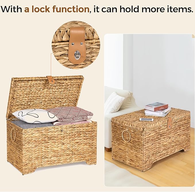 Handwoven Storage Basket with Lid, 165L Wicker Storage Bin, Natural Water Hyacinth, Leather Buckle & Metal Frame, Metal Ring Handles for Easy Transport, Storage Chest & Trunk for Bedroom, Living Room