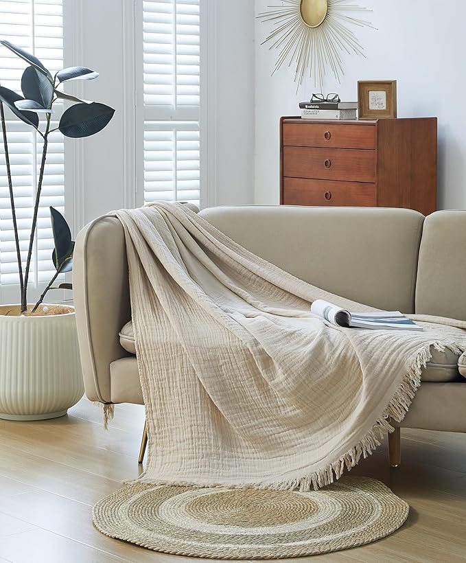 100% Cotton Muslin Throw Blanket for Bed, Couch, Small, Decorative, Soft, Pre-Washed, Breathable and Lightweight Gauze Blanket with Tassels, Suitable for All Seasons, Beige, 50"x60"