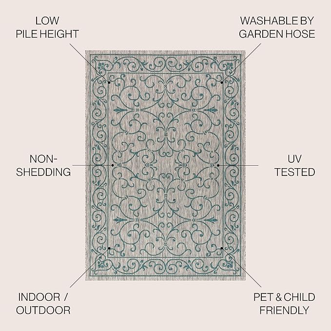 JONATHAN Y Vintage Filigree Indoor Outdoor Area Rug 5X8 Gray/Teal, Charleston Textured Weave for Backyard, Patio, Porch, Easy-Cleaning, High Traffic, Pet-Friendly, Non-Shedding (SMB106E-5)