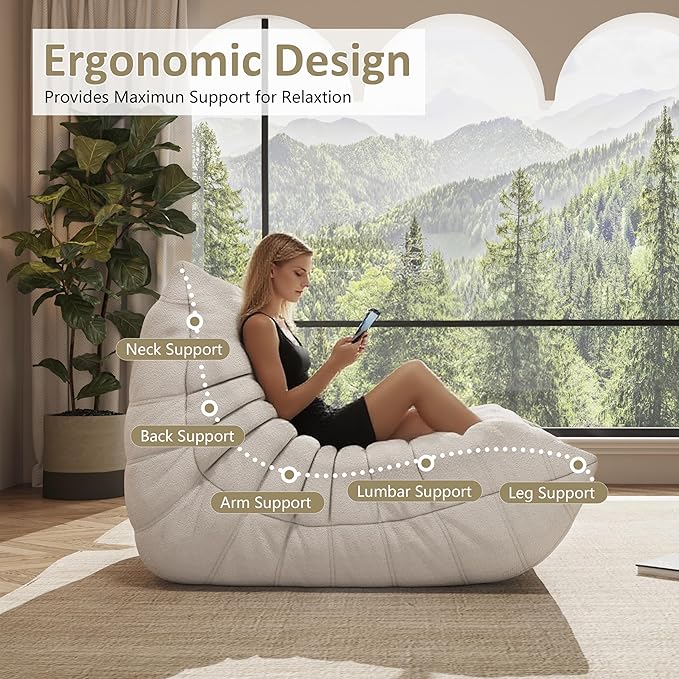 Bean Bag Chair, Oversized Bean Bag Chair for living Room, Fireside Chair for adults with Memory Foam Filled, Big Accent Sofa Lounge Floor Sofa for Gaming, Reading, Relax, No Assembly Required. (Beige)