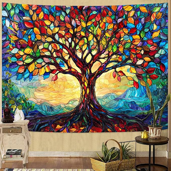 Lunerfex Tree of Life Tapestry Stained Glass Tapestry Wall Decor Tapestries for Bedroom Art Tapestries Wall Hanging for Bedroom Living Room Glass-Tree-01 70"x90"