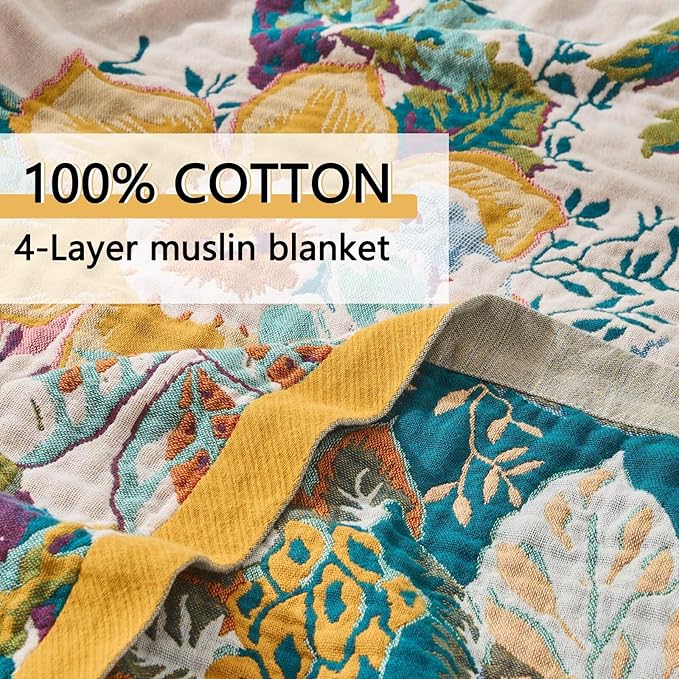 Boho Throw Blanket, Ultra Soft Rustic Quilt for Bed, Lightweight Fall Throws Blanket Muslin Blankets for Adults, Picnic, Farmhouse Decor, Cozy 100% Cotton Throw Blankets, Happiness, 60"x80"