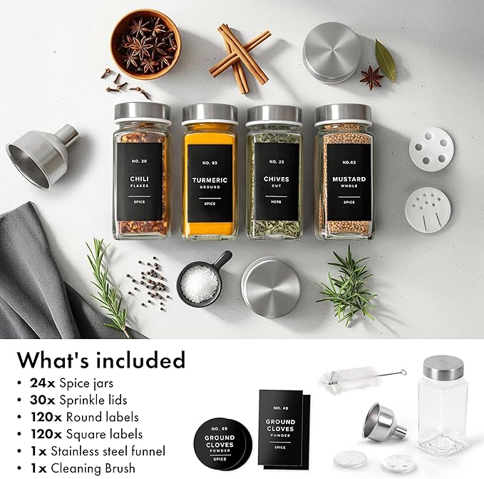 Glass Spice Jars with Labels and Steel Lids (24 x 4oz) Spice Containers with 240 Label, Steel Funnel, Shaker Inserts, Empty Square Seasoning Organizer for Spice Rack, Cabinet, Drawer