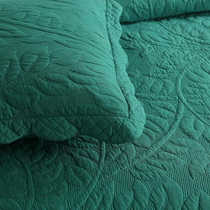 MarCielo 3-Piece 100% Cotton Oversized Bedspread Lightweight Quilt Coverlet Embroidery Farmhouse Bedding Set T0 (Emerald, Oversized King (118"x106"))