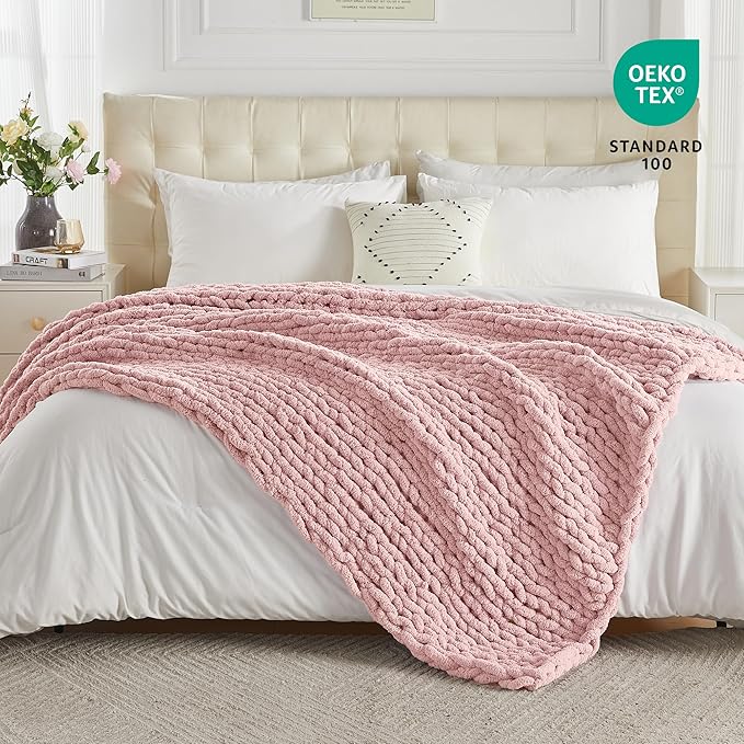 Carriediosa Chunky Knit Throw Blanket 60" X 80" Twin, 100% Hand Made Large Chenille Loop Yarn Soft Fluffy Throws for Couch Sofa Bed, Big Crochet Cozy Heavy Thick Cable Woven Blankets, Dusty Pink
