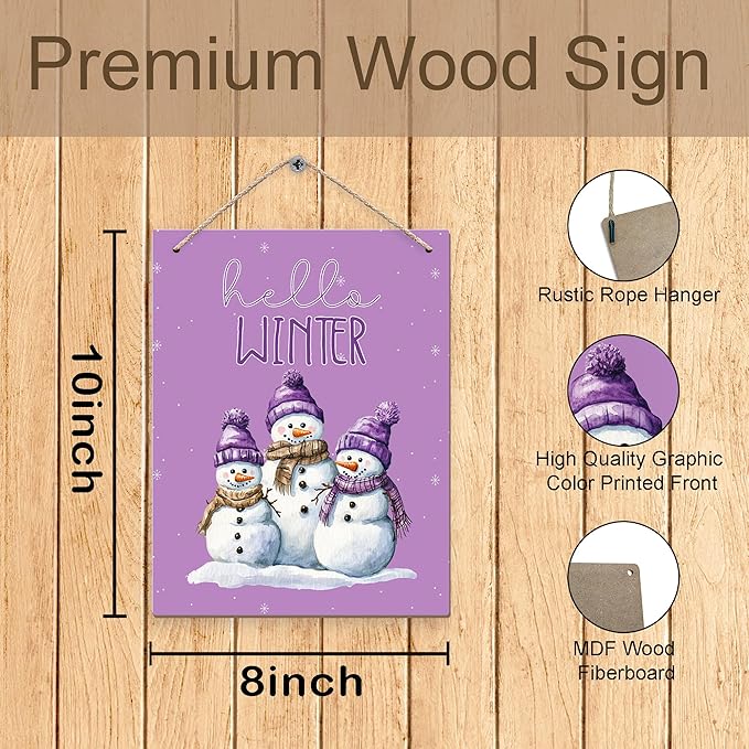 Purple Hello Winter Snowman Hanging Wooden Signs 10x8, Snowman Winter Signs, Winter Door Sign, Purple Snowman Winter Snowflakes Home Room Office Hanging Wall Decor