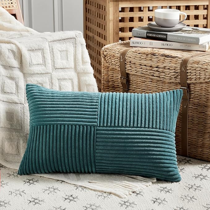 Fancy Homi 2 Packs Teal Long Lumbar Decorative Throw Pillow Covers 16x24 Inch for Couch Bed Sofa, Rustic Farmhouse Boho Home Decor, Soft Striped Corduroy Rectangle Accent Cushion Case 40x60 cm