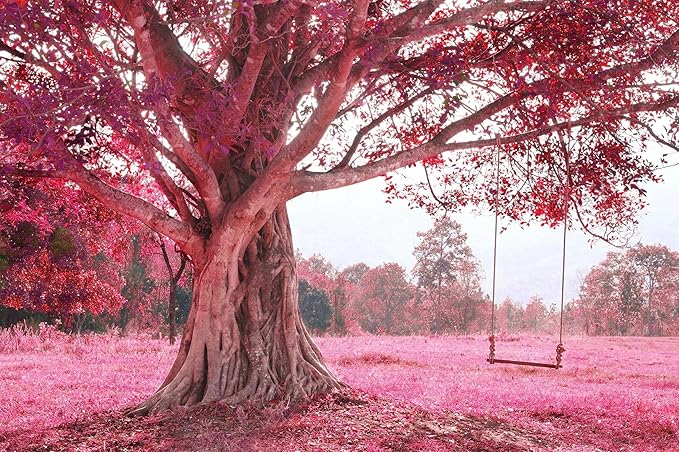 FENDROM Autumn Pink Flower Tapestry Window View Wall Hanging, Nature Forest Floral Trees Garden Scenic Tapestries for Living Room Home Office Dorm