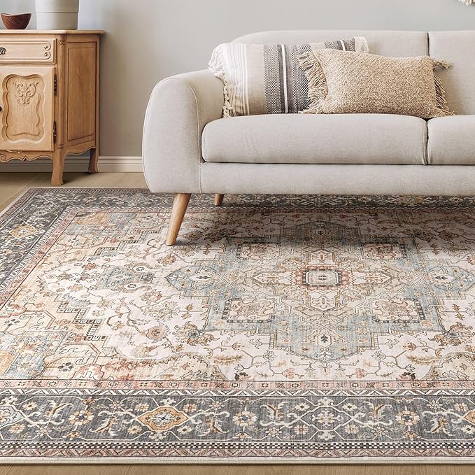 Washable Area Rugs for Living Room - 5x7 Neutral Vintage Distressed Floral Farmhouse Boho Large Soft Floor Rug Indoor Non Slip Carpet for Bedroom Dining Room Office - Forest Green Orange