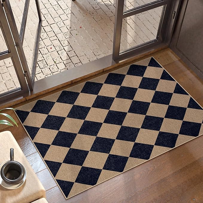 Lahome Checkered Easy Jute Kitchen Rug, 2x3 Indoor Door Mat Small Neutral Area Rug, Farmhouse Diamond Non Slip Non Shedding Lightweight Floor Carpet for Entry Porch