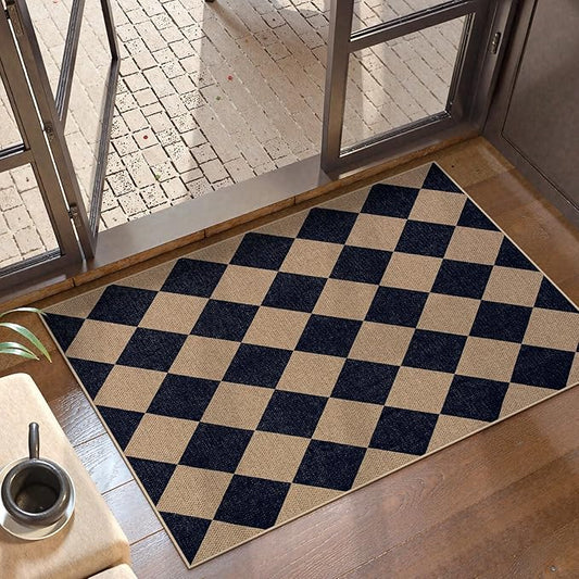 Lahome Checkered Easy Jute Kitchen Rug, 2x3 Indoor Door Mat Small Neutral Area Rug, Farmhouse Diamond Non Slip Non Shedding Lightweight Floor Carpet for Entry Porch