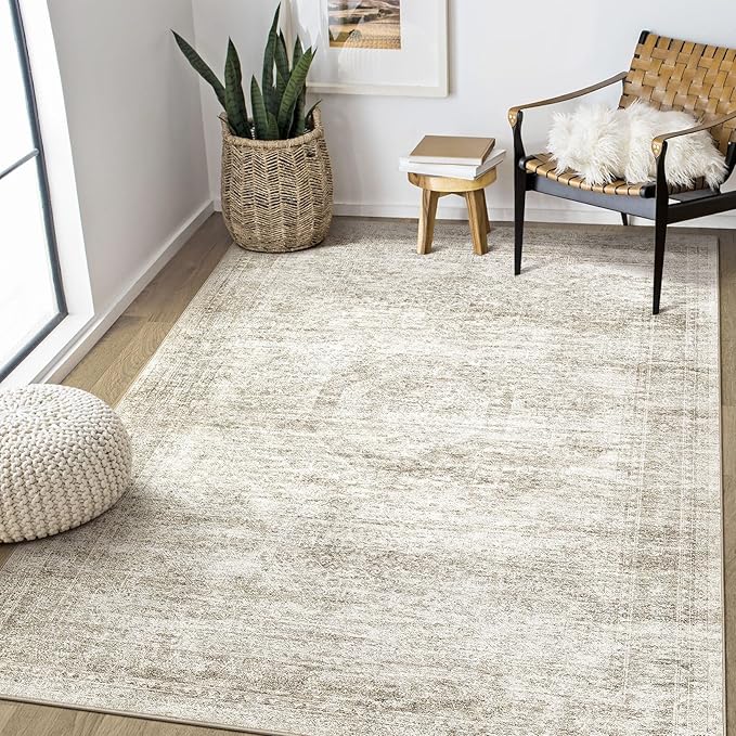 Washable Area Rugs for Living Room -5x7 Neutral Vintage Distressed Floral Farmhouse Boho Large Soft Floor Rug Indoor Non Slip Carpet for Living Room Bedroom Dining Room Office-Beige
