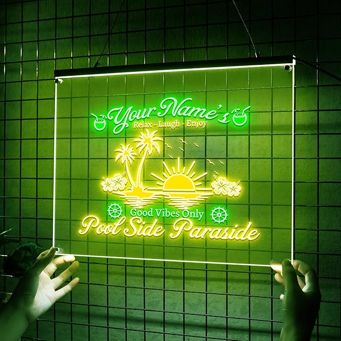 Personalized Pool Side Paradise Neon Sign, Custom Name LED Light, Tropical Sunset Design, Backyard Patio Bar Decor, Gift for Outdoor Lovers