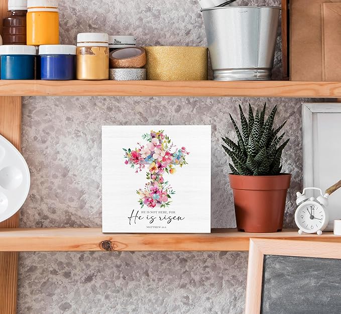 SRADMO He Is Risen Sign, Floral Cross Easter Christian Wood Box Sign Desk Decor, Christian Easter Decorations, Easter Theme Wooden Block Box Decoration for Home Office Shelf Table Decor
