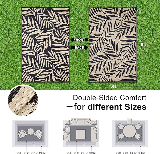 OLANLY Waterproof Outdoor Rug 6x9 ft, Reversible Outdoor Plastic Straw Rug with Leaf Pattern, RV Mat, Indoor Outdoor Carpet for Patio, Camping, Balcony, Deck, Backyard, Black & Beige