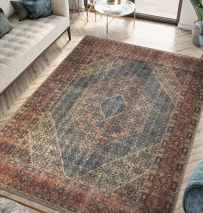 Keen Home Design 6x9 Rug - Machine Washable Area Rug with Non-Slip Backing, Ideal for Living Room, Dining Room, Bedroom - Vintage, Easy Clean, Durable, Low Pile Rug - (6' x 9')