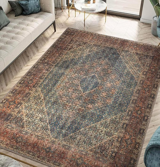 Keen Home Design 6x9 Rug - Machine Washable Area Rug with Non-Slip Backing, Ideal for Living Room, Dining Room, Bedroom - Vintage, Easy Clean, Durable, Low Pile Rug - (6' x 9')
